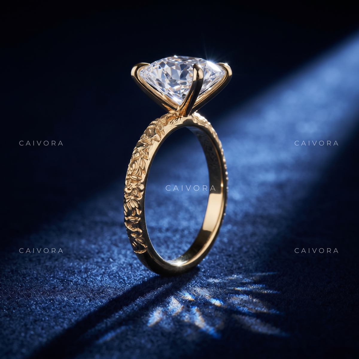 Oval Cut Hand Engraved Floral Solitaire Engagement Ring