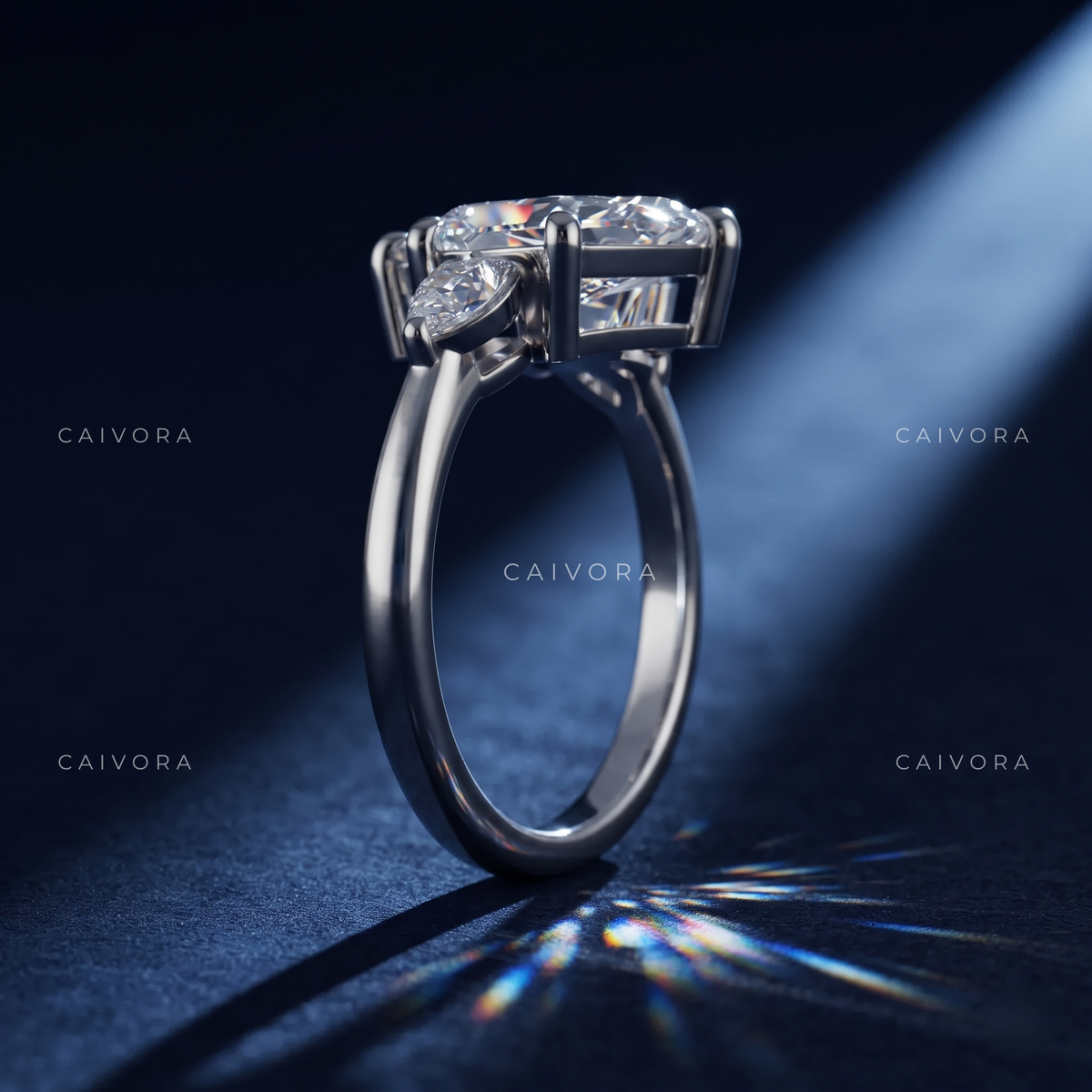 A Distinctive Three Stone Setting Featuring a Hexagon Cut Center