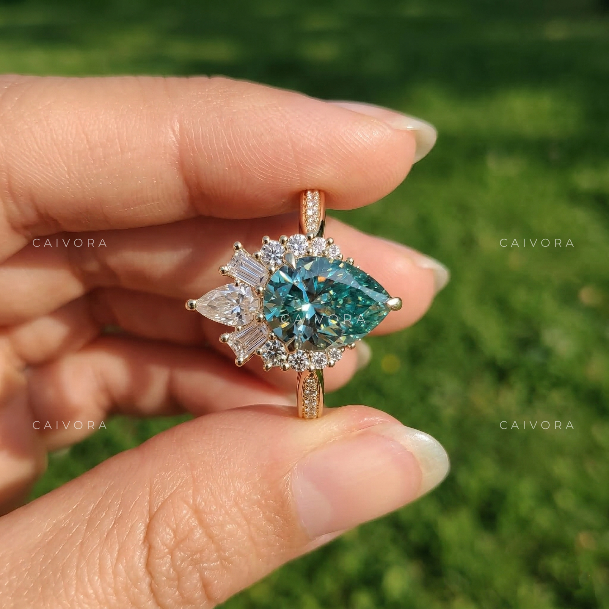 Vintage Green Pear Cut Diamond Engagement Ring