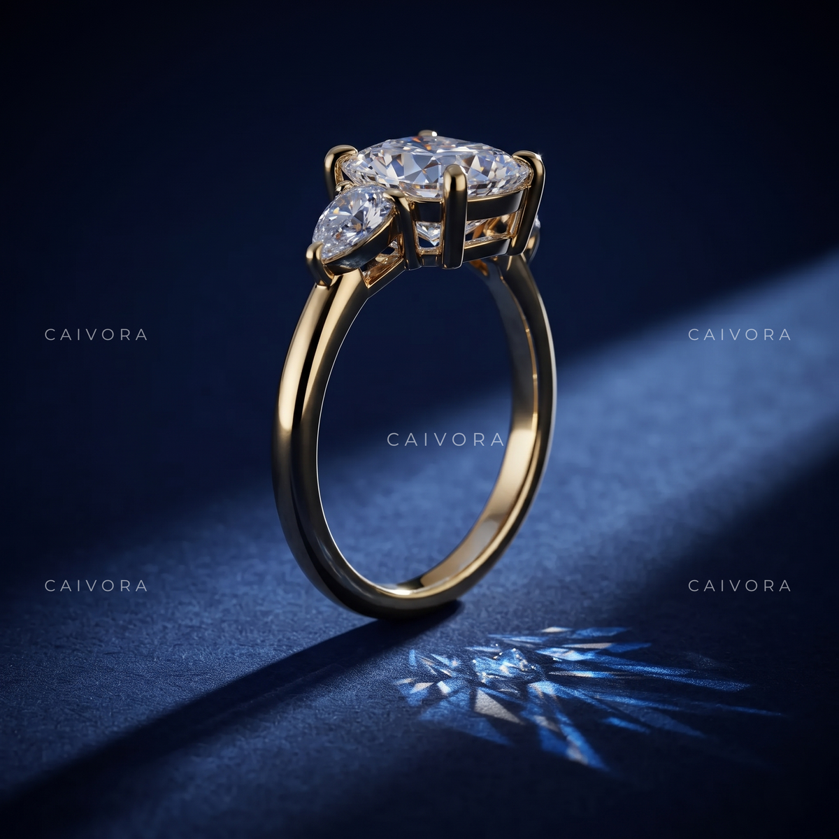 Romantic Three Stone Engagement Ring with a Cushion Cut Center