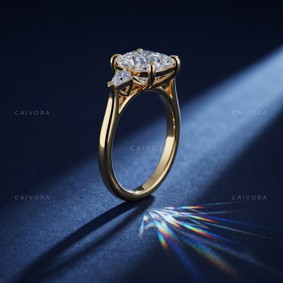 Elegant Three Stone Engagement Ring with Elongated Cushion Diamond & Kite Accents