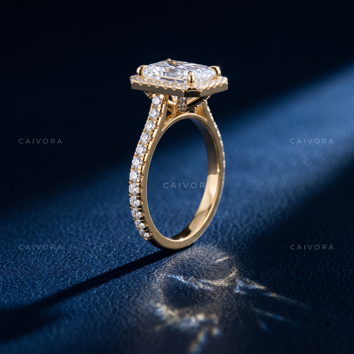 Modern Halo Engagement Ring with Radiant Diamond & Pavé Accents
