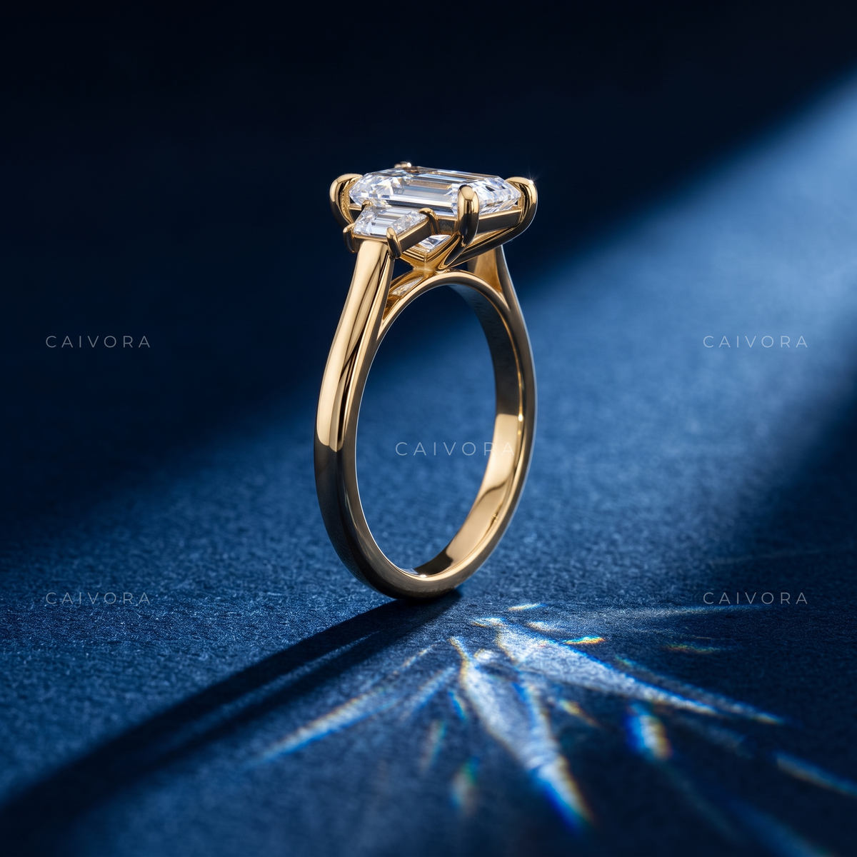 Refined Three Stone Engagement Ring with Radiant Diamond & Trapezoid Accents