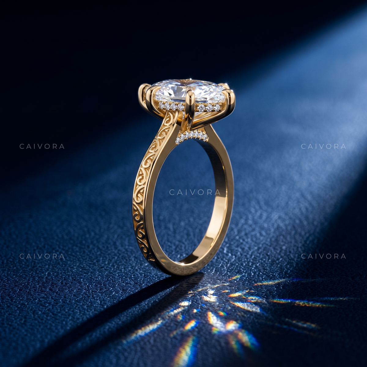 Marquise Diamond Architectural Engagement Ring with Round Accents