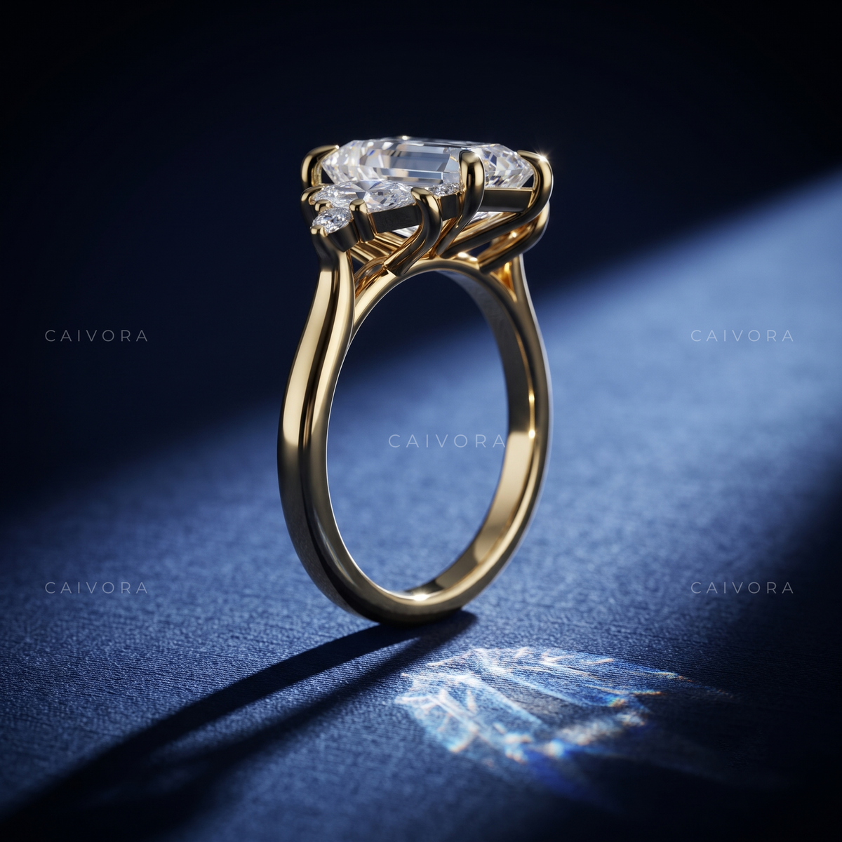 Emerald Cut Diamond Elongated Engagement Ring with Claw Prongs