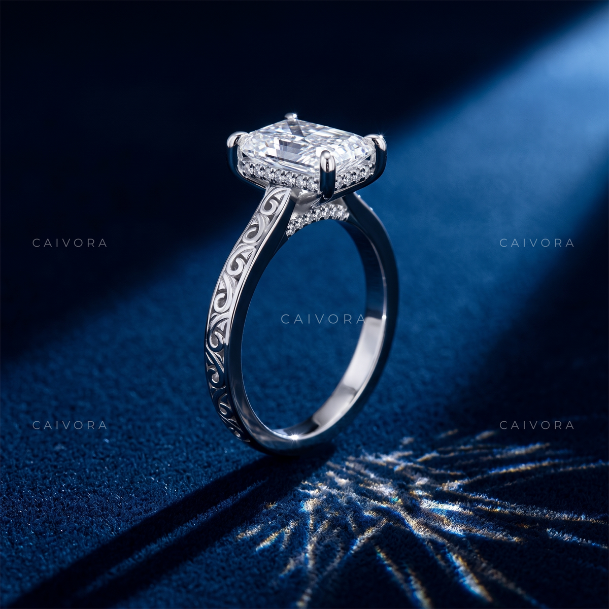 Radiant Cut Diamond Architectural Engagement Ring with Round Accents