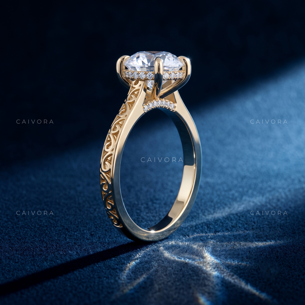 Round Diamond Architectural Engagement Ring with Pavé Accents