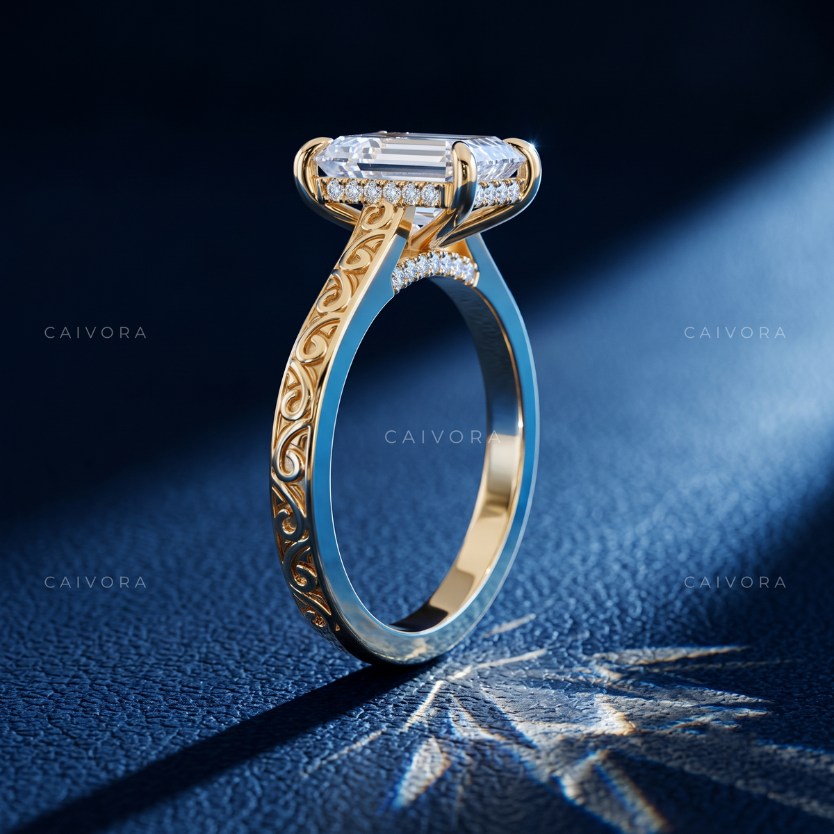 Emerald Cut Architectural Engagement Ring with Round Diamond Accents