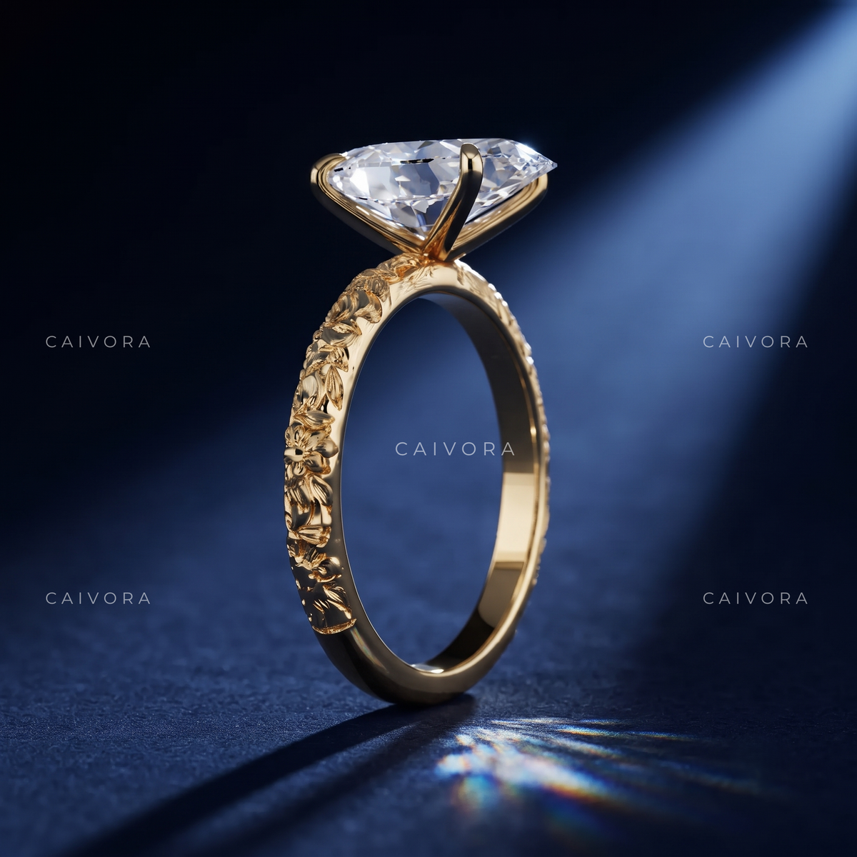 Moval Cut Artisanal Floral Solitaire Engagement Ring