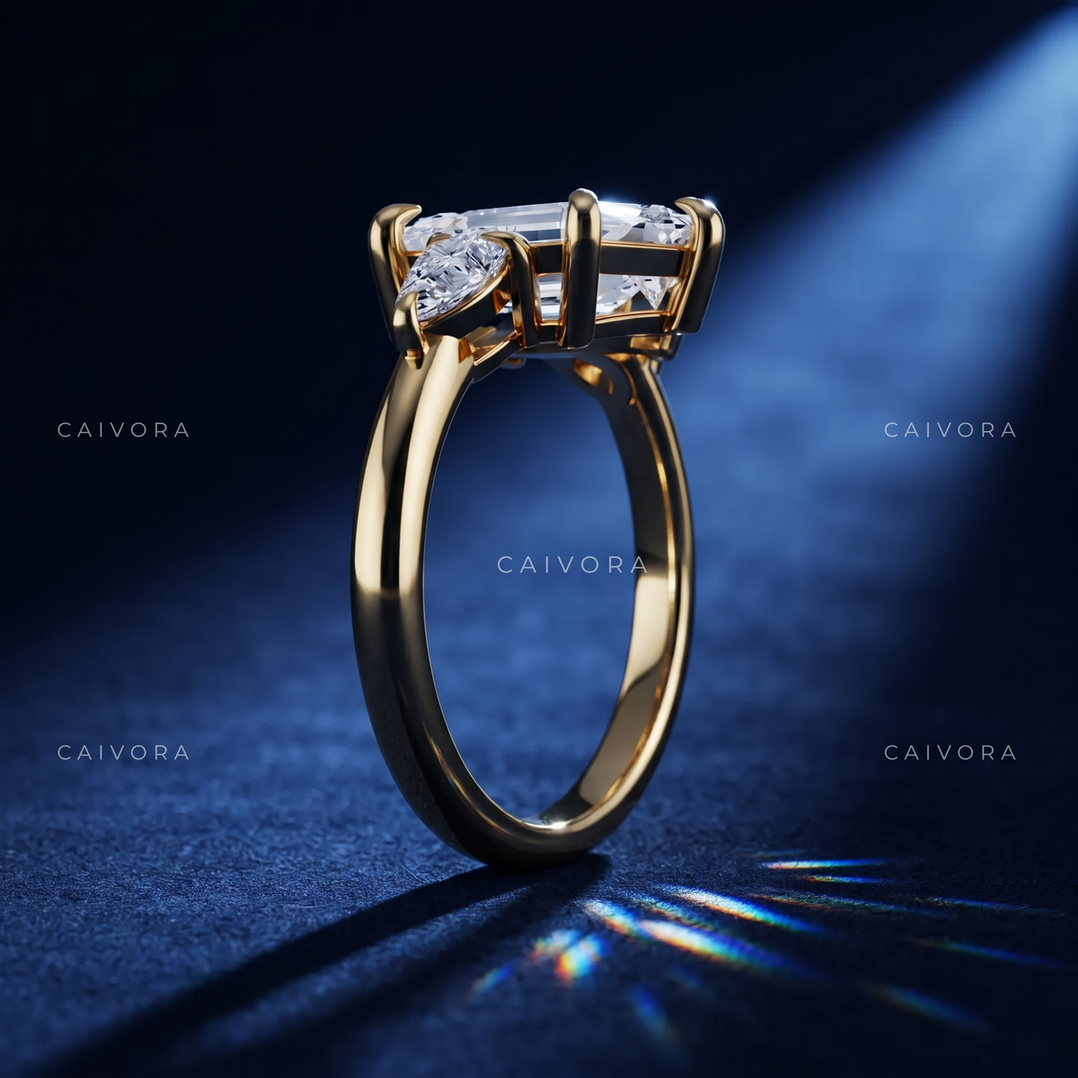 Modern Three Stone Elegance with a Hexagon Cut Center