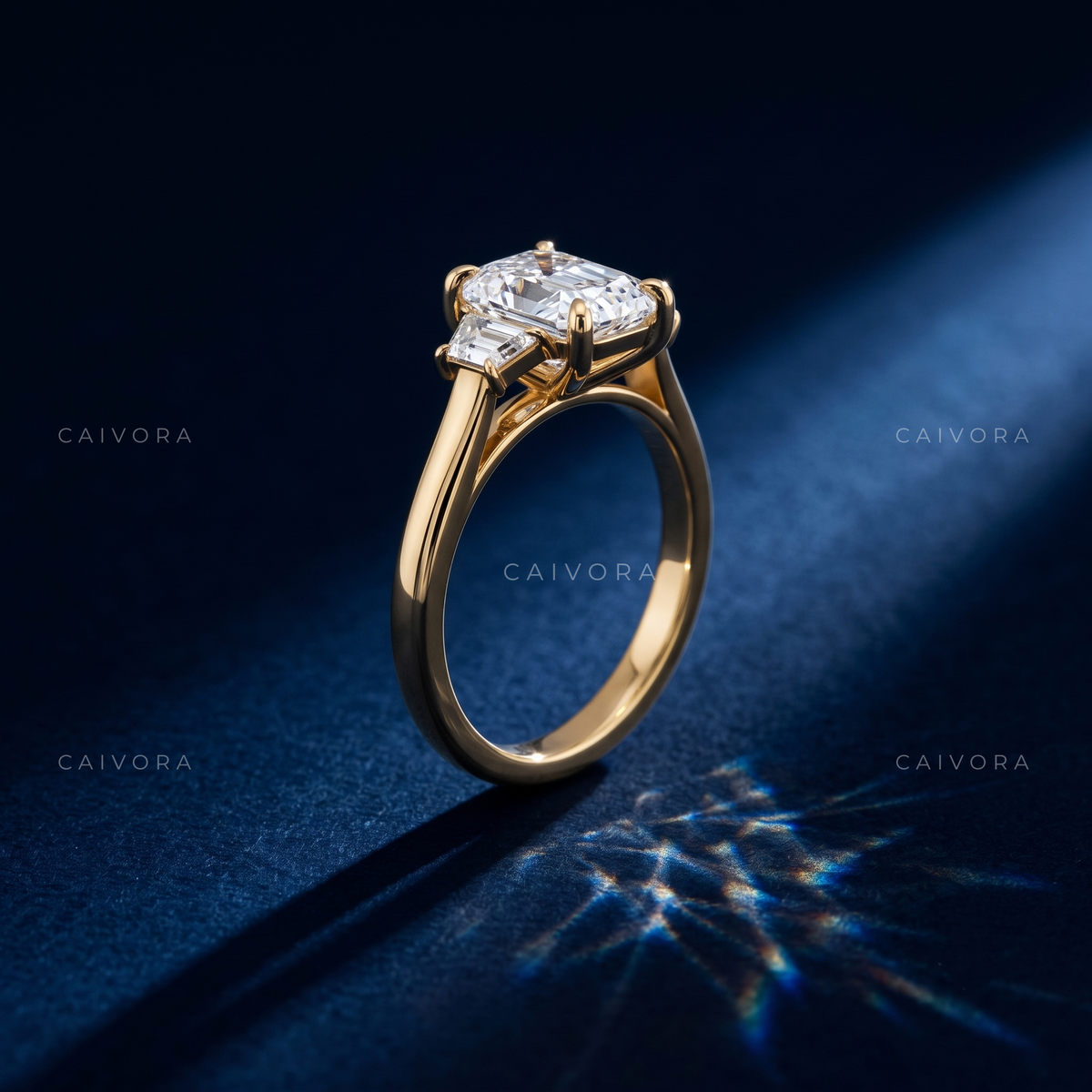 Elegant Three Stone Engagement Ring with Elongated Cushion Diamond & Trapezoid Accents