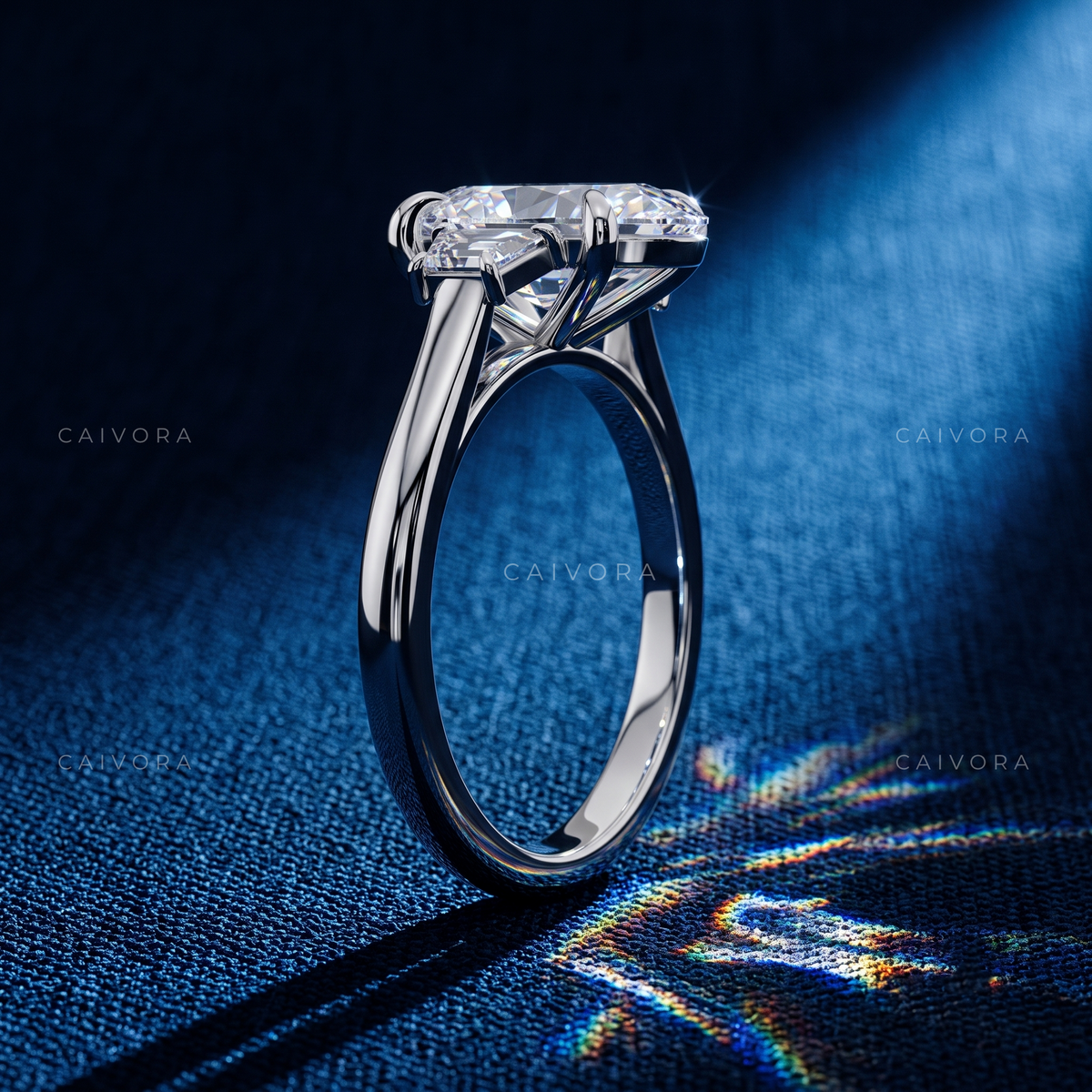 Elegant Three Stone Engagement Ring with Moval Diamond & Trapezoid Accents