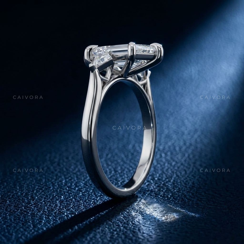 Contemporary Three Stone Engagement Ring with Hexagon Diamond & Kite Accents