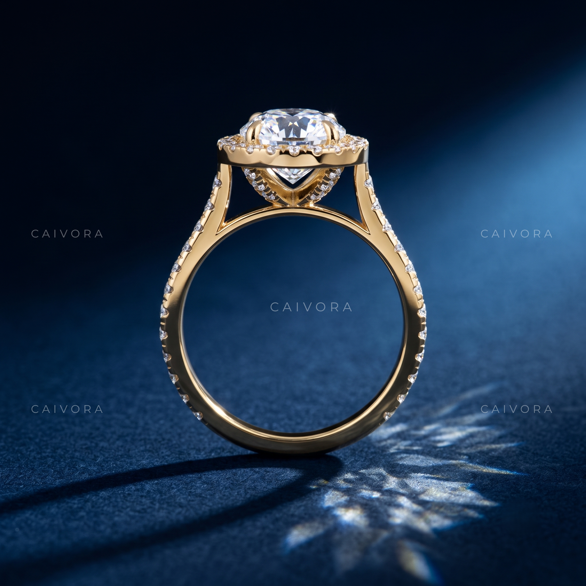 Classic Halo Engagement Ring with Round Diamond & Pavé Accents