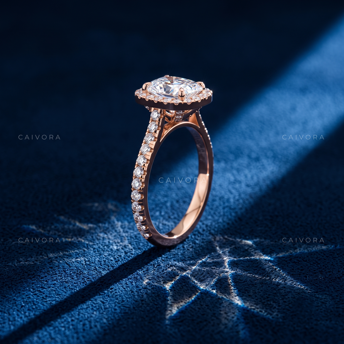 Elegant Halo Engagement Ring with Elongated Cushion Diamond & Pavé Accents
