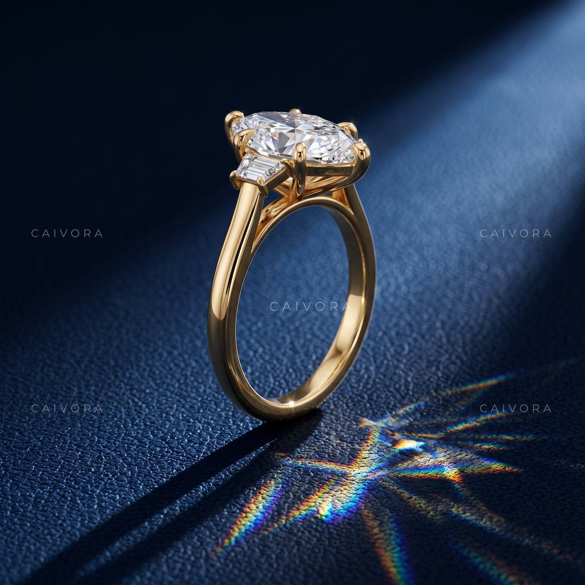 Sophisticated Three Stone Engagement Ring with Marquise Diamond & Trapezoid Accents