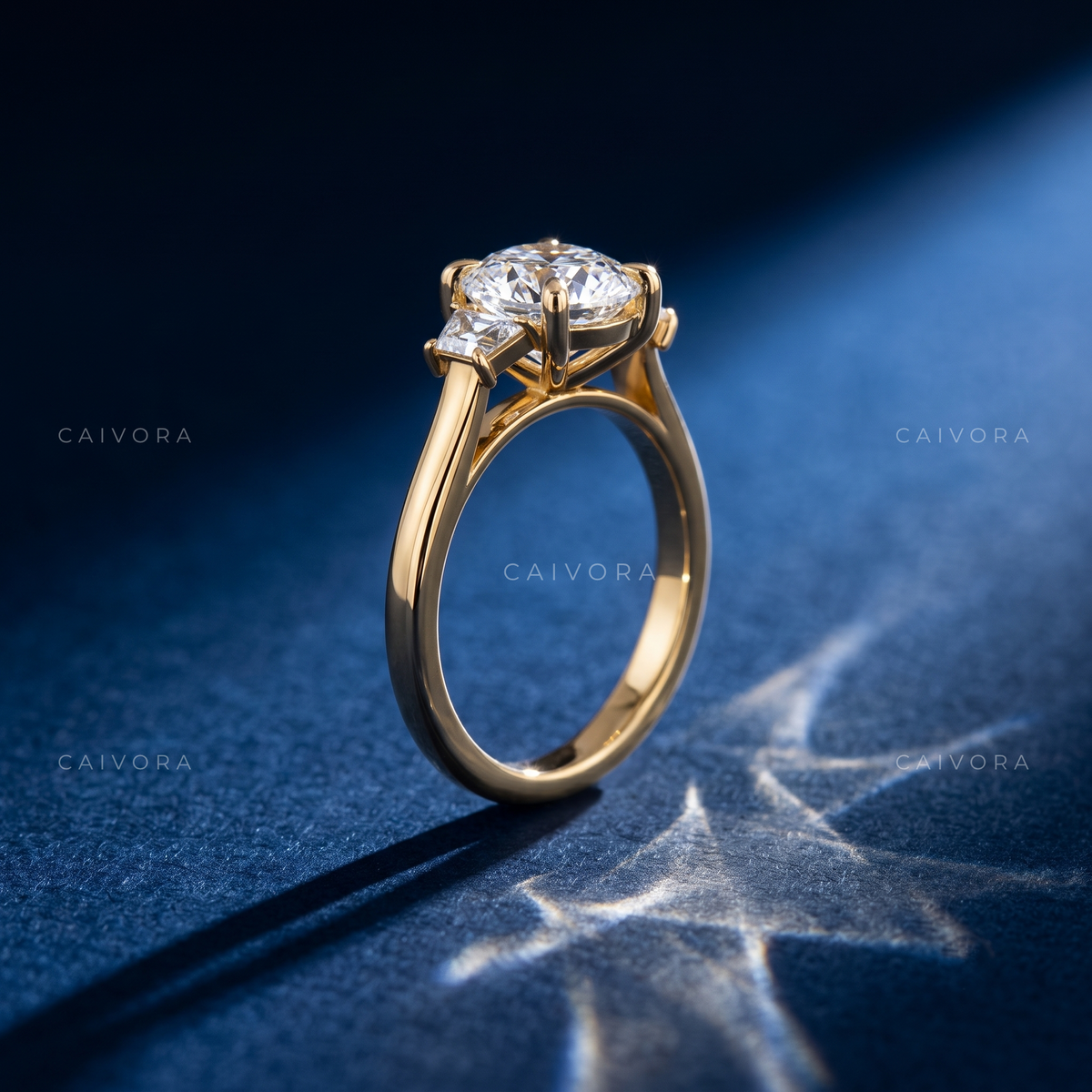 Timeless Three Stone Engagement Ring with Cushion Diamond & Trapezoid Accents