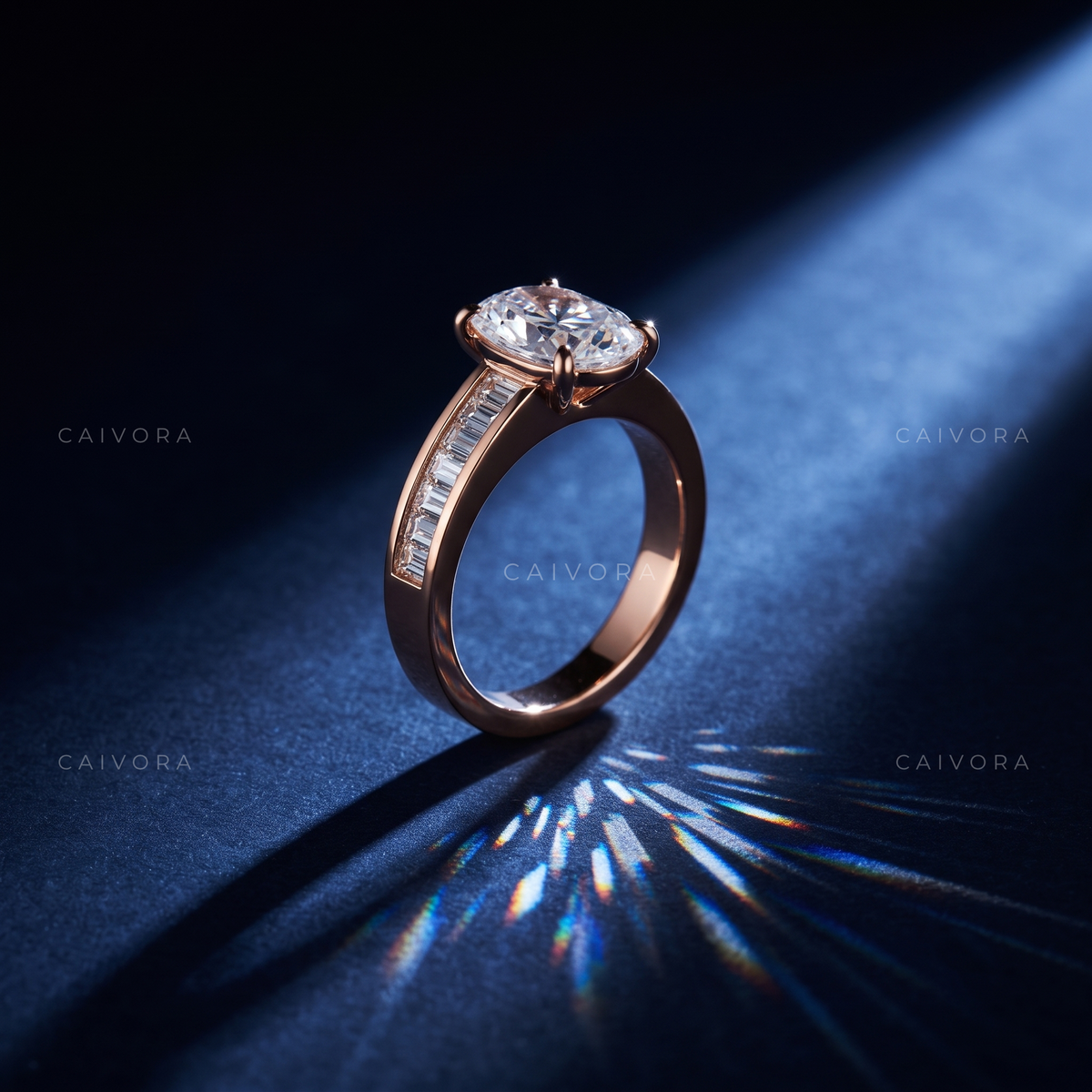 Moval Diamond Channel Setting Engagement Ring with Baguette Accents