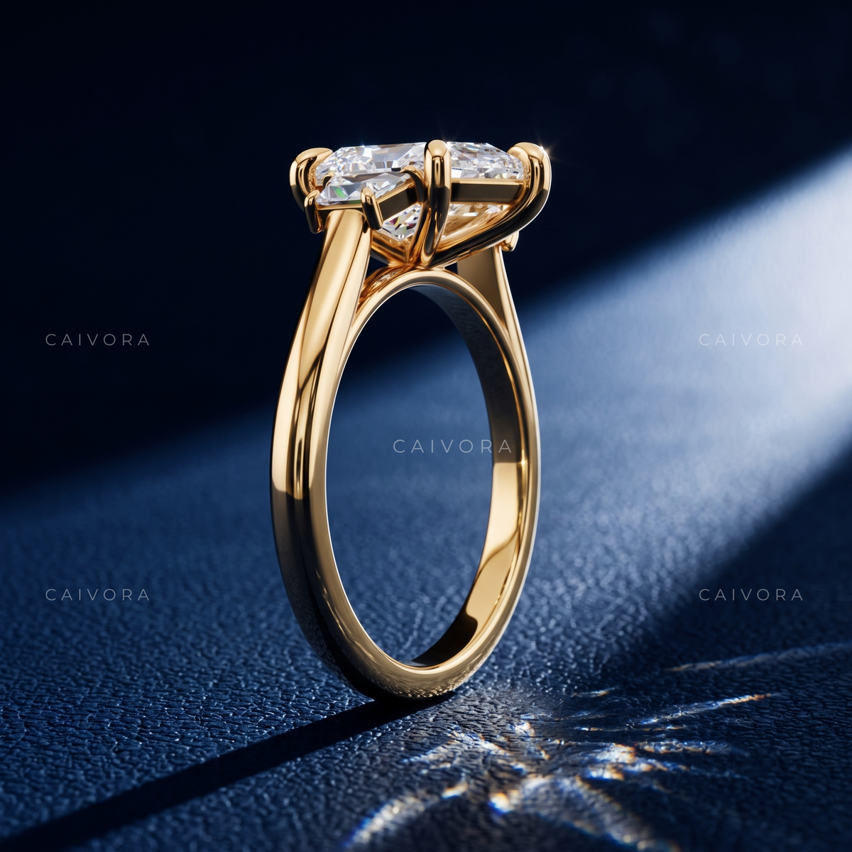 Elegant Three Stone Engagement Ring with Pear Diamond & Trapezoid Accents