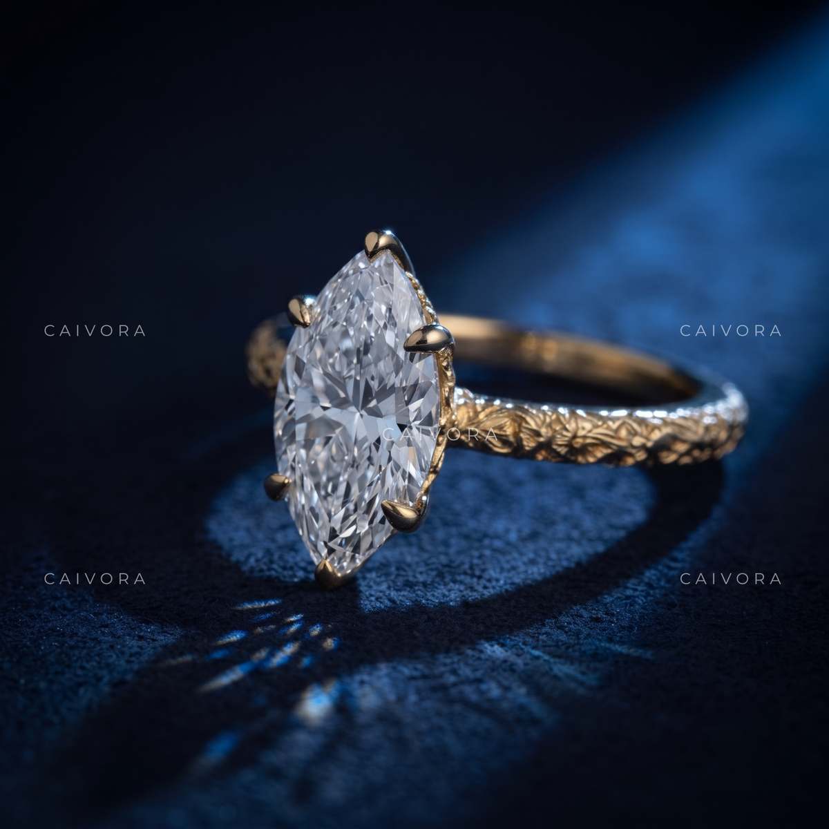 Marquise Cut Floral Engraved Solitaire Engagement Ring