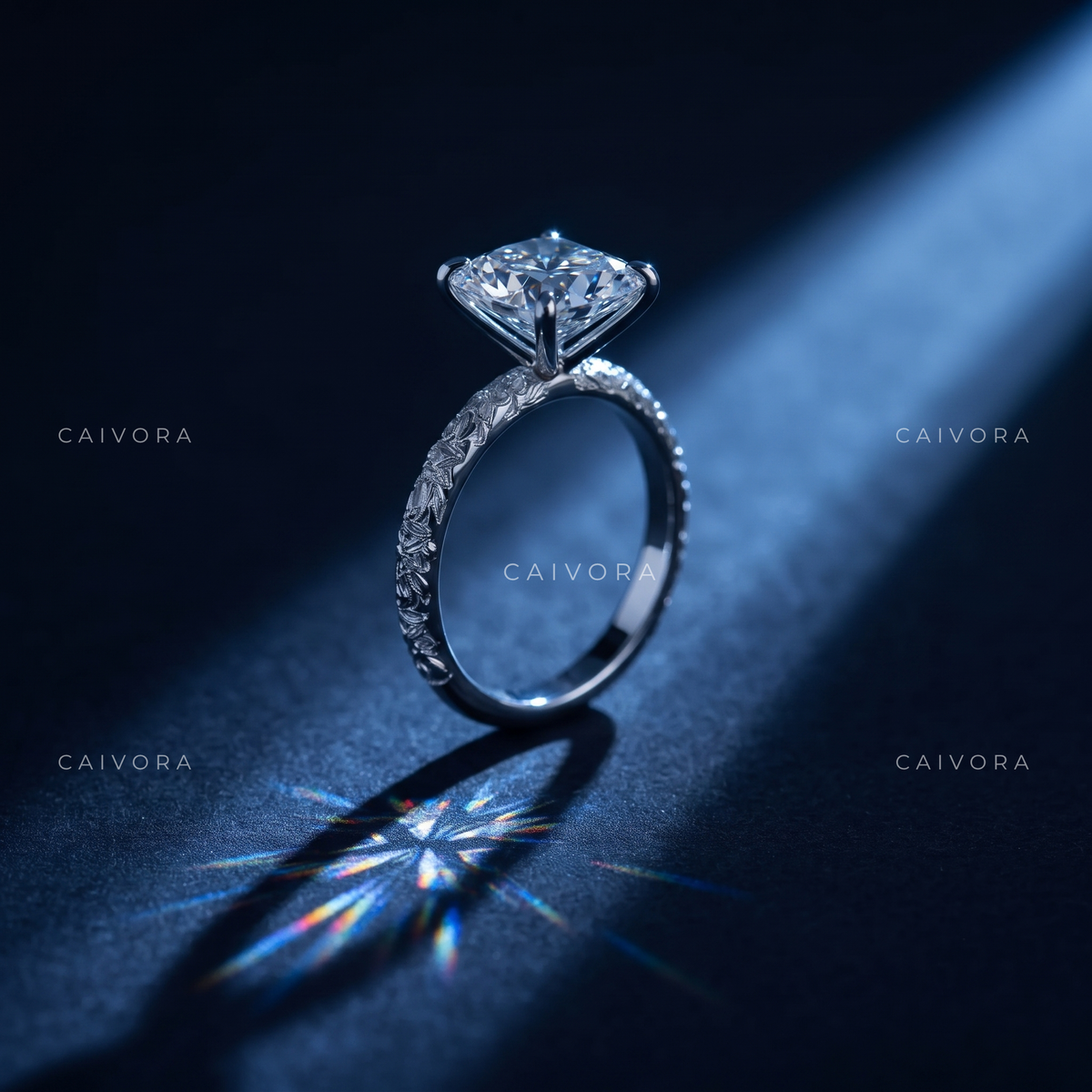 Cushion Cut Hand Engraved Vintage Solitaire Engagement Ring