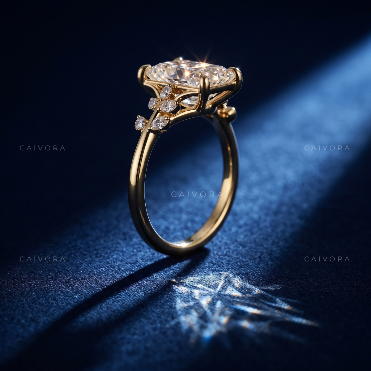 Radiant Cut Floral Engagement Ring with Marquise Accents