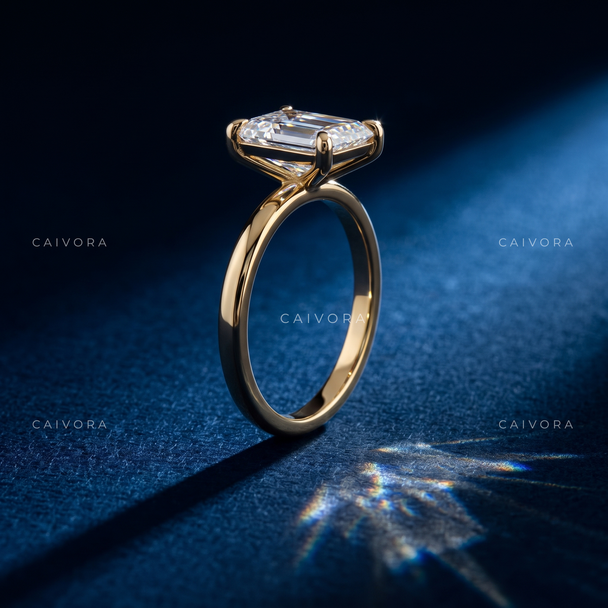Elongated Step Cut Hexagon Four Prong Solitaire Engagement Ring