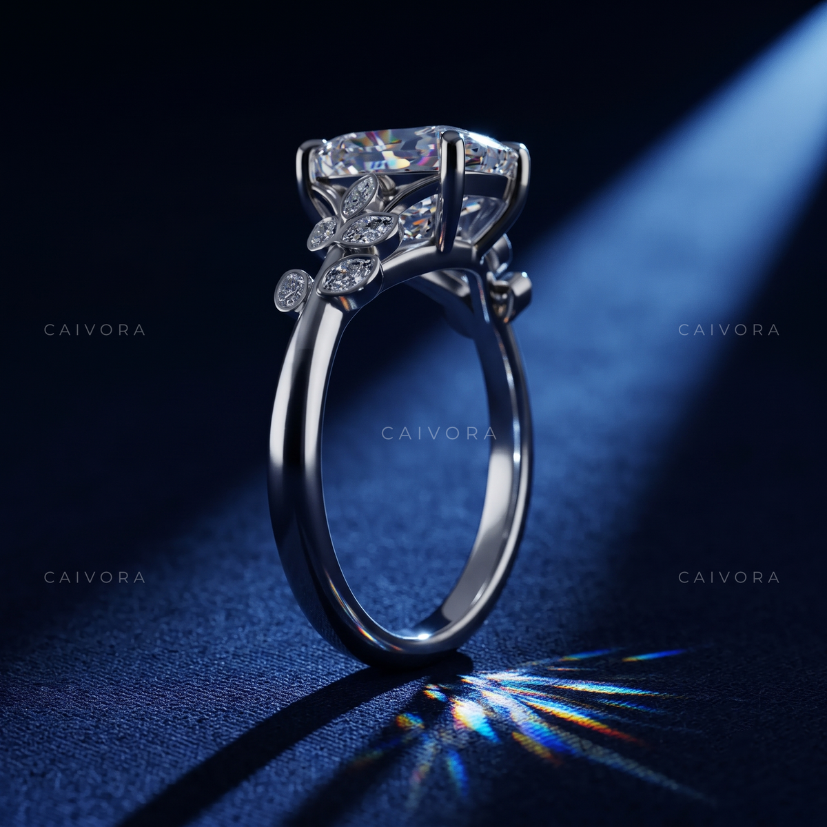 Cushion Cut Floral Engagement Ring with Marquise Accents