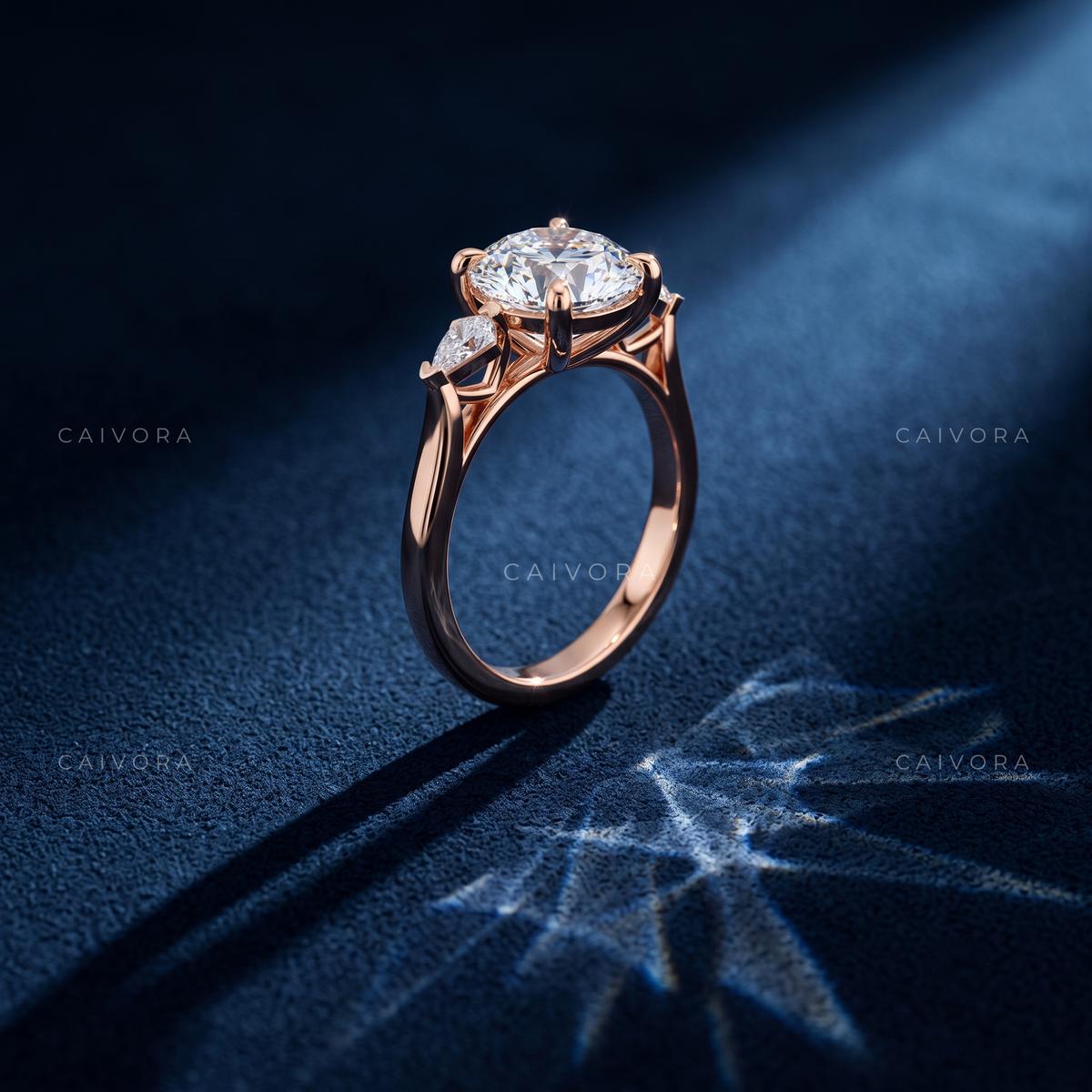 Classic Three Stone Engagement Ring with Round Center & Kite Accents