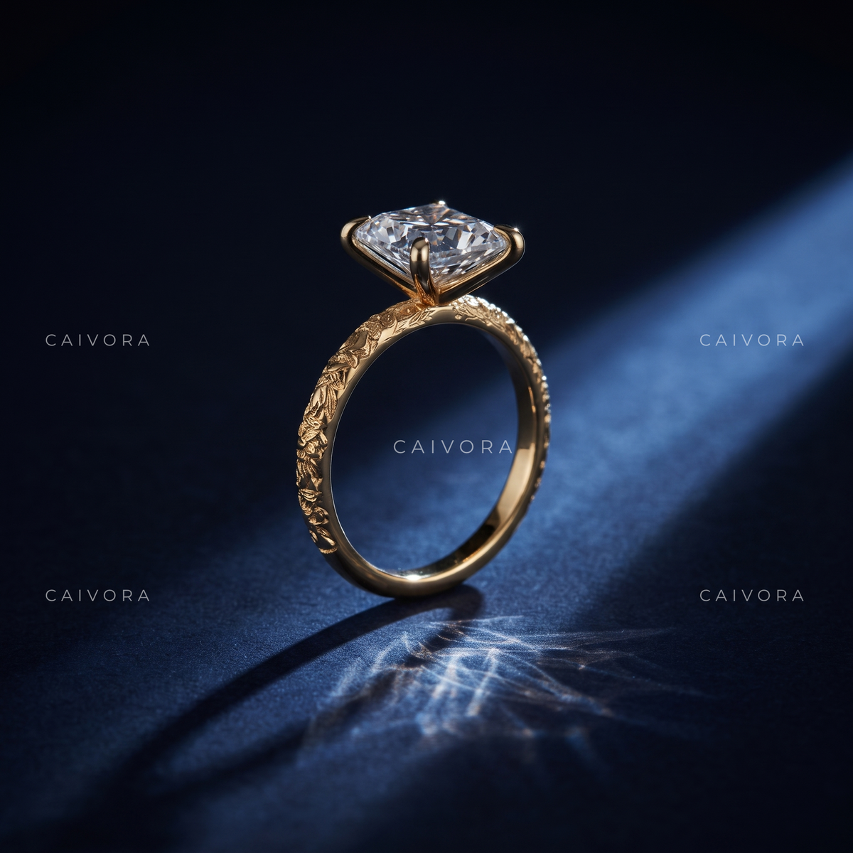 Hexagon Cut Floral Engraved Solitaire Engagement Ring