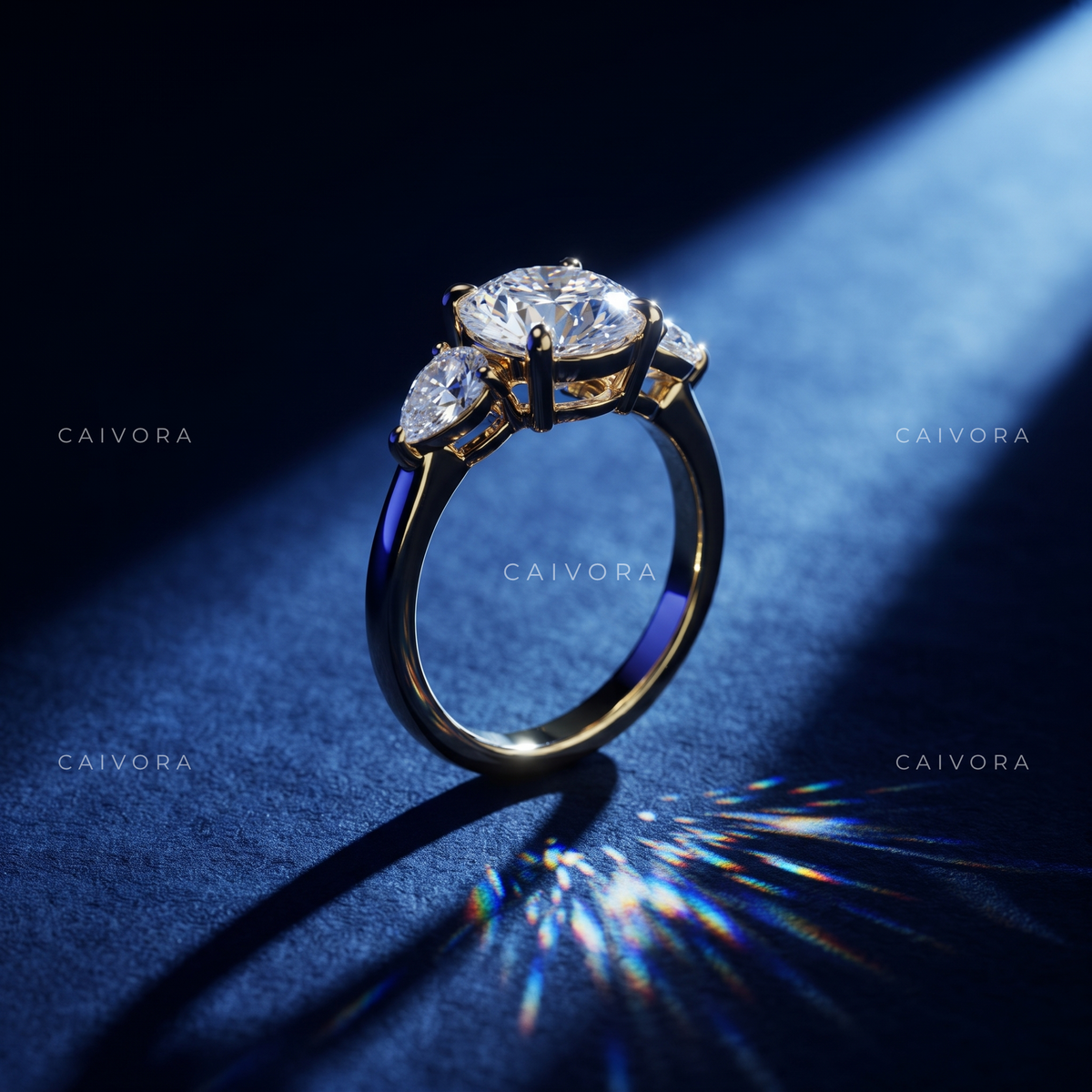 Brilliant Round Cut Center in a Distinctive Three Stone Diamond Ring