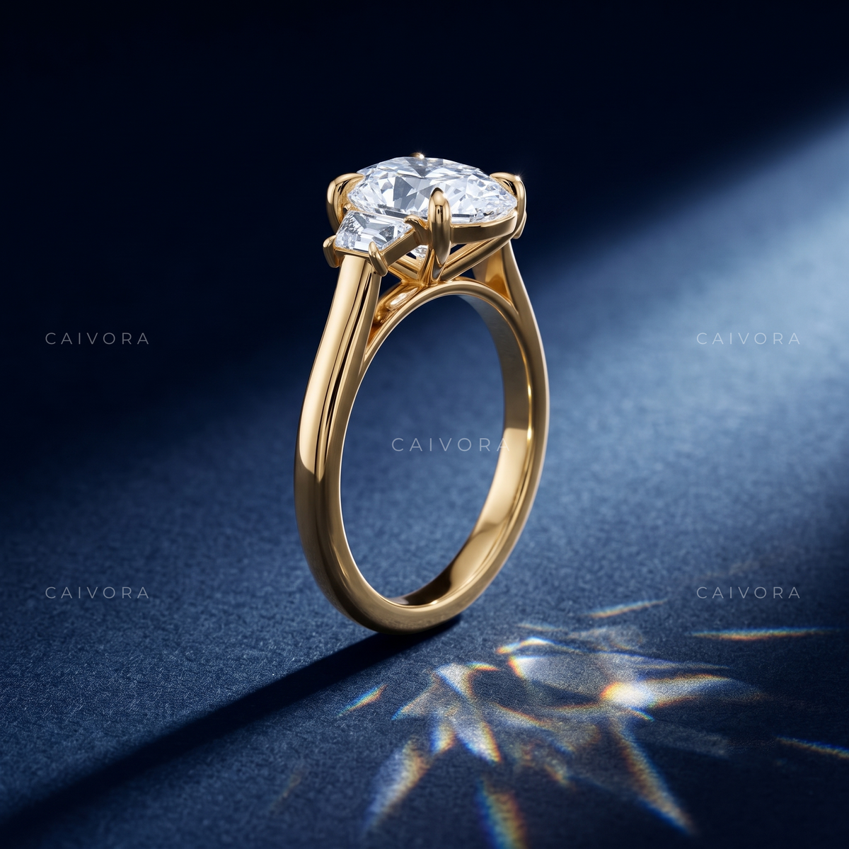 Oval Diamond Three Stone Engagement Ring with Trapezoid Accents