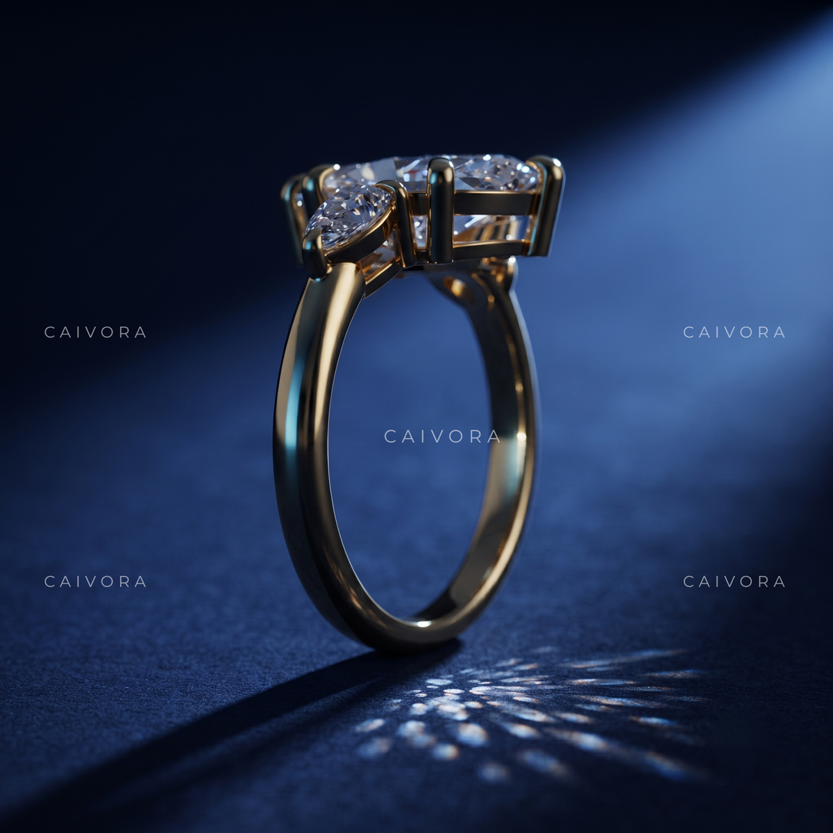 Elegant Three Stone Engagement Ring Centered on a dutch marquise Cut Diamond