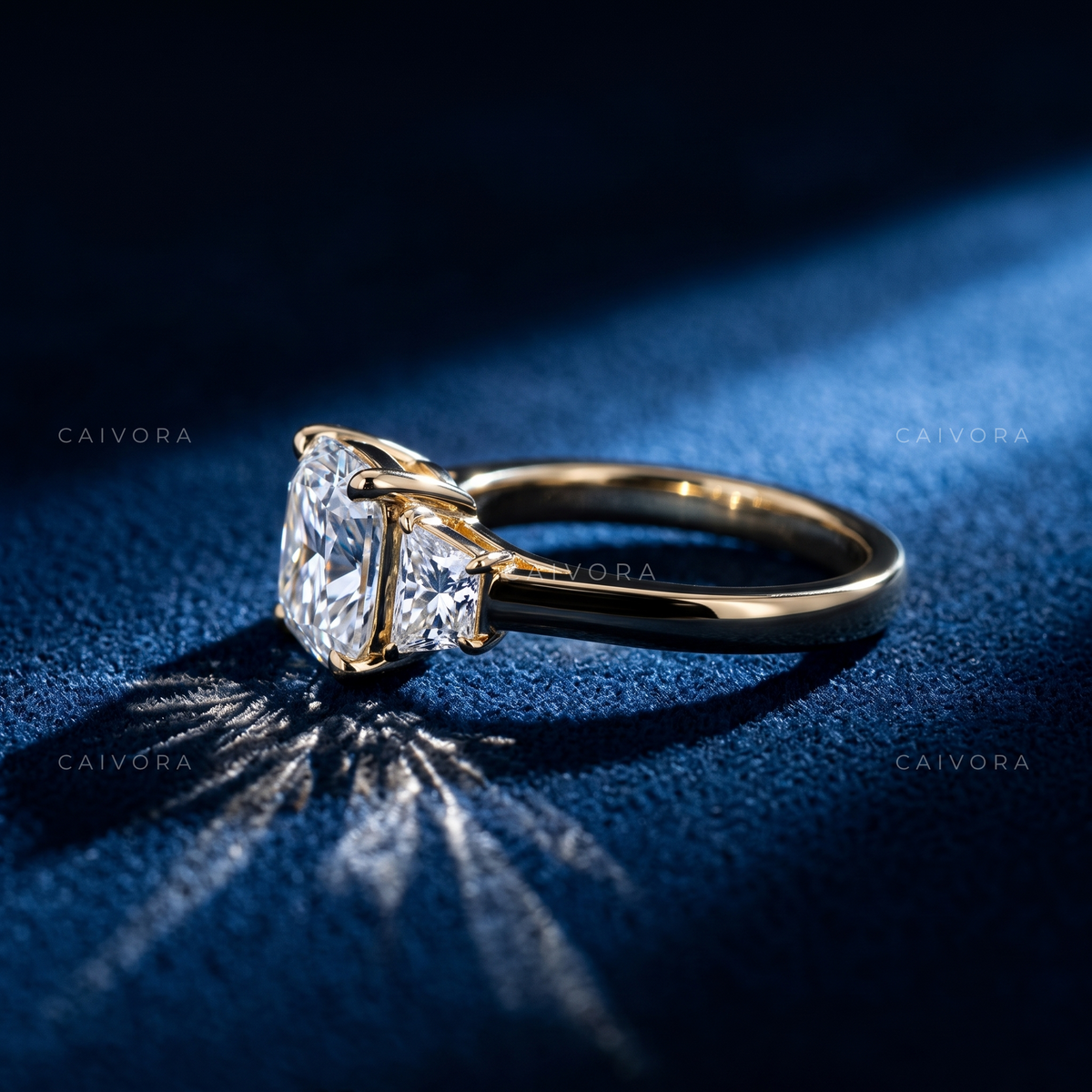 Signature Three Stone Diamond Ring with Round Center & Trapezoid Accents