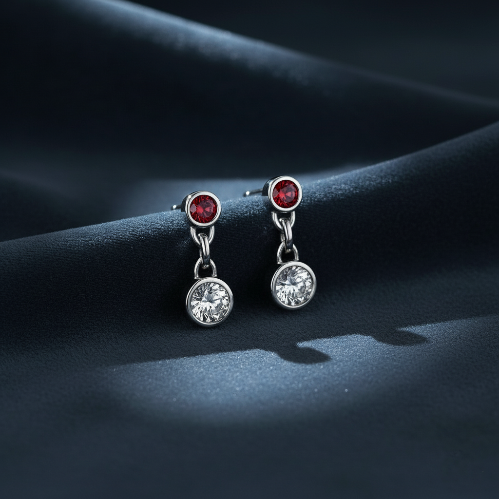 Classic Bezel Diamond and Ruby Link Earrings