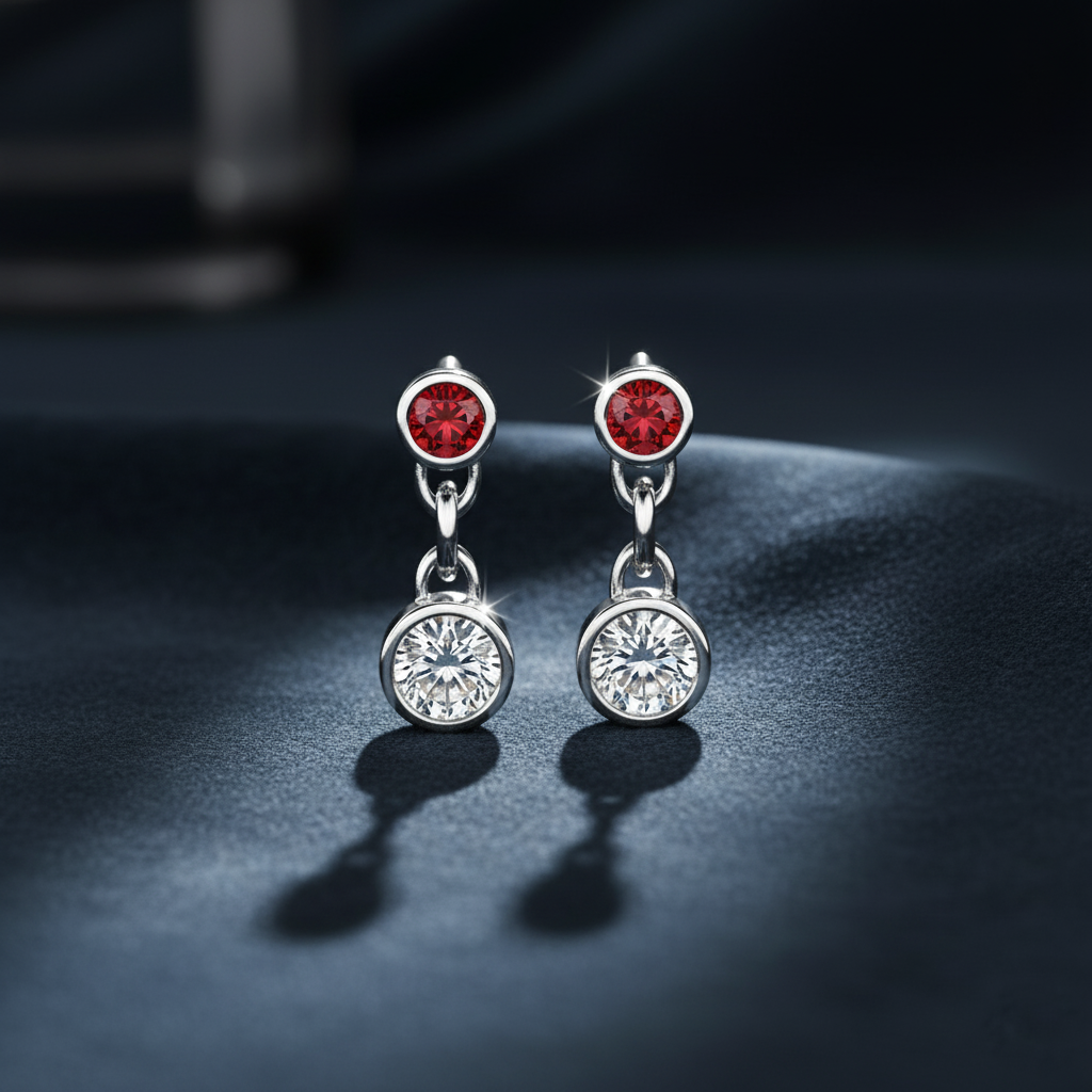 Classic Bezel Diamond and Ruby Link Earrings