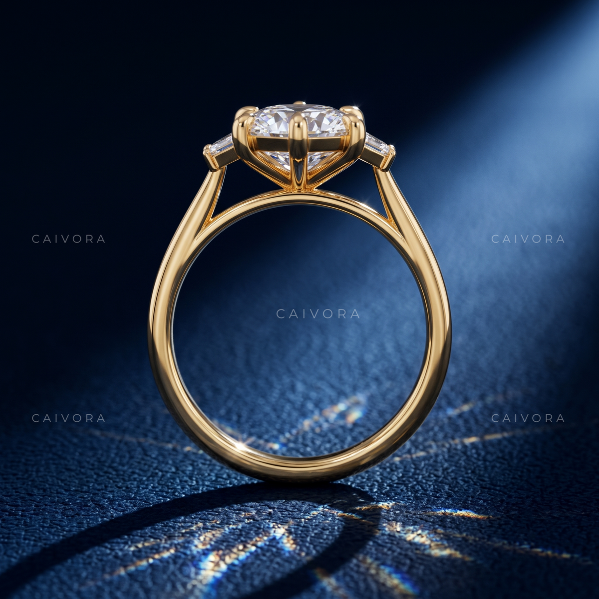 Modern Three Stone Engagement Ring with Hexagon Diamond & Trapezoid Accents