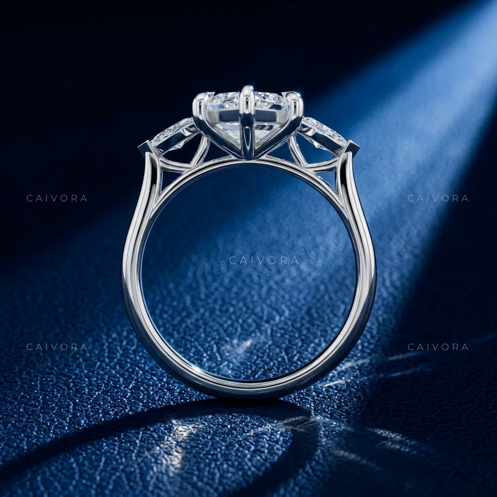 Contemporary Three Stone Engagement Ring with Hexagon Diamond & Kite Accents