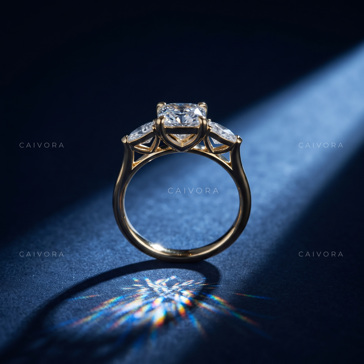 Elegant Three Stone Engagement Ring with Elongated Cushion Diamond & Kite Accents
