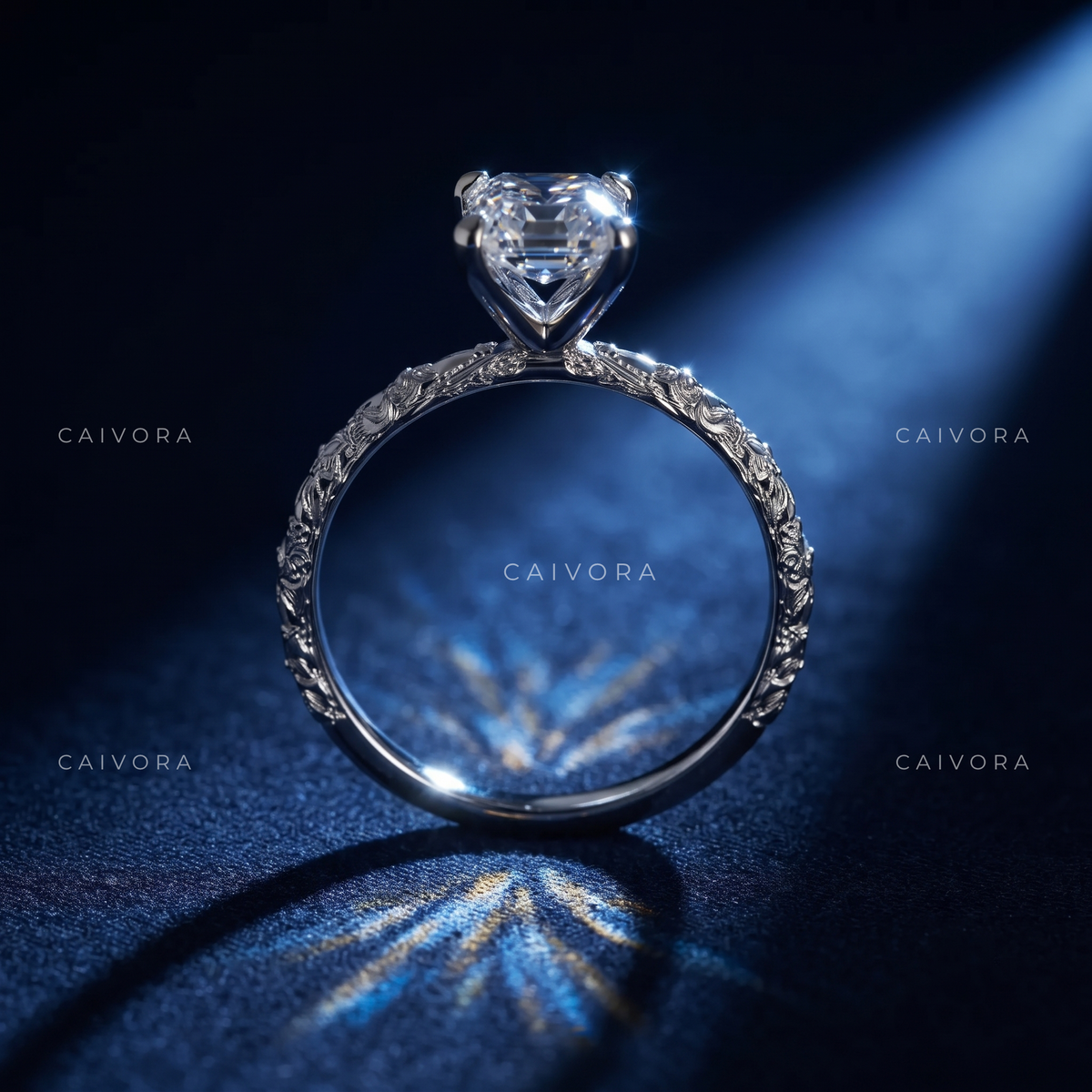 Emerald Cut Floral Engraved Solitaire Engagement Ring