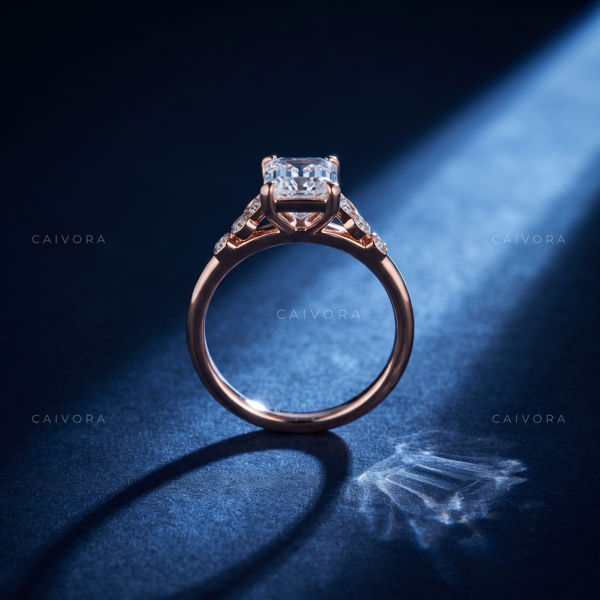Emerald Cut Floral Engagement Ring with Marquise Accents