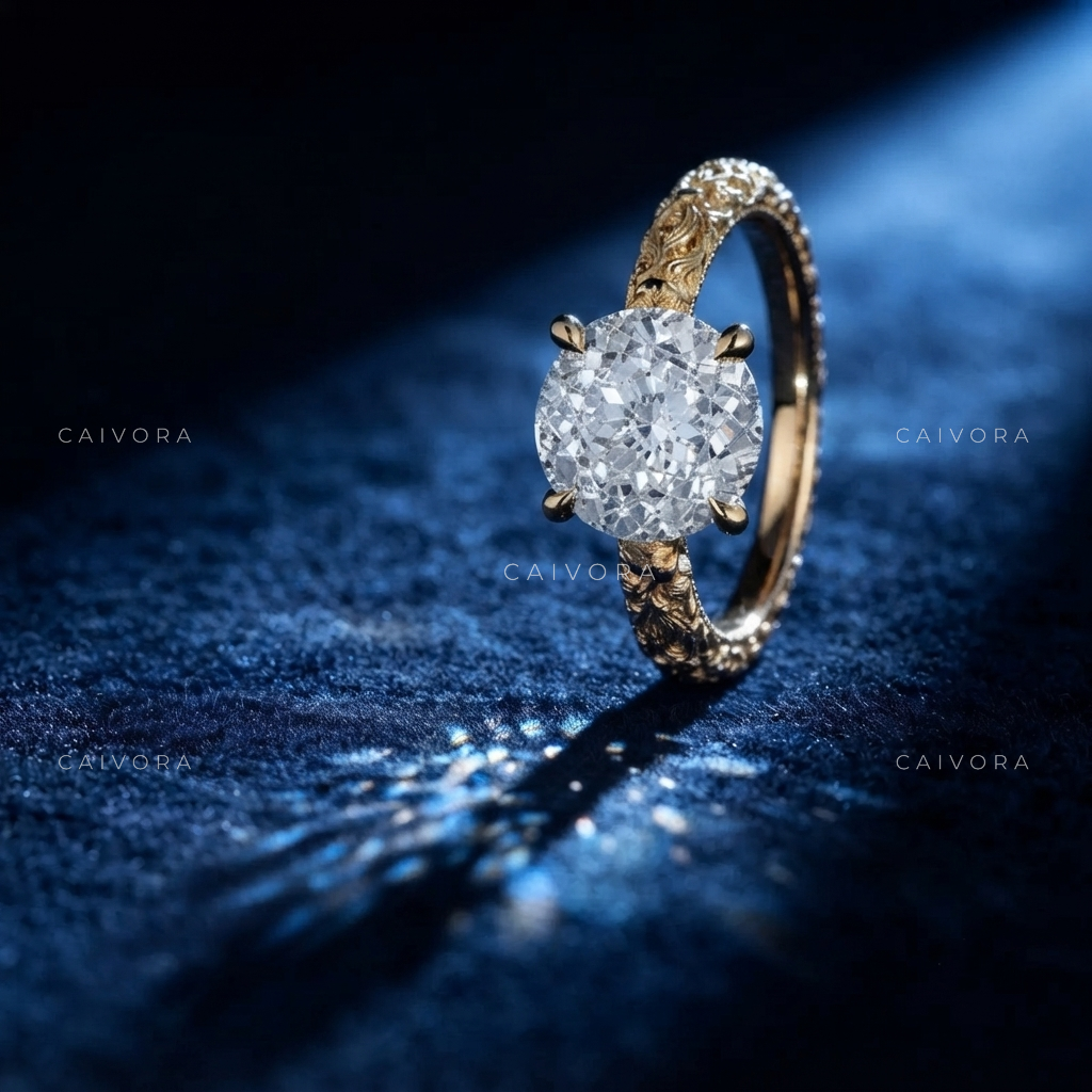 Portuguese Cut Vintage Engraved Solitaire Engagement Ring