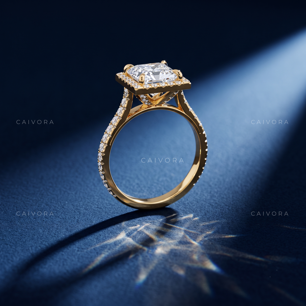 Modern Halo Engagement Ring with Princess Diamond & Pavé Accents