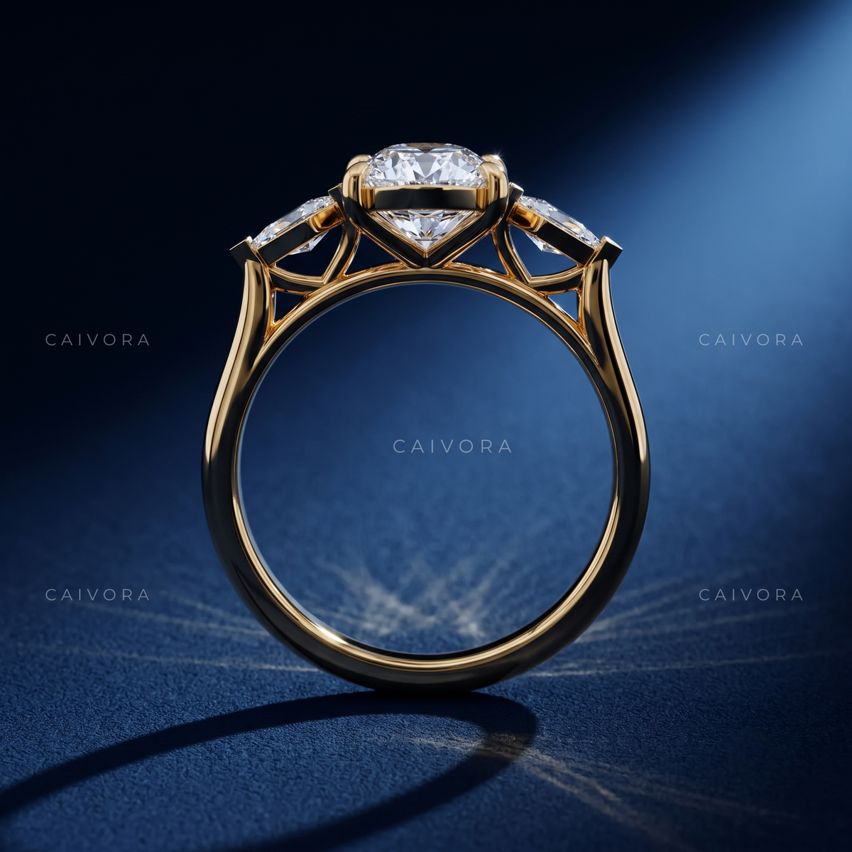 Refined Three Stone Engagement Ring with Moval Diamond & Kite Accents