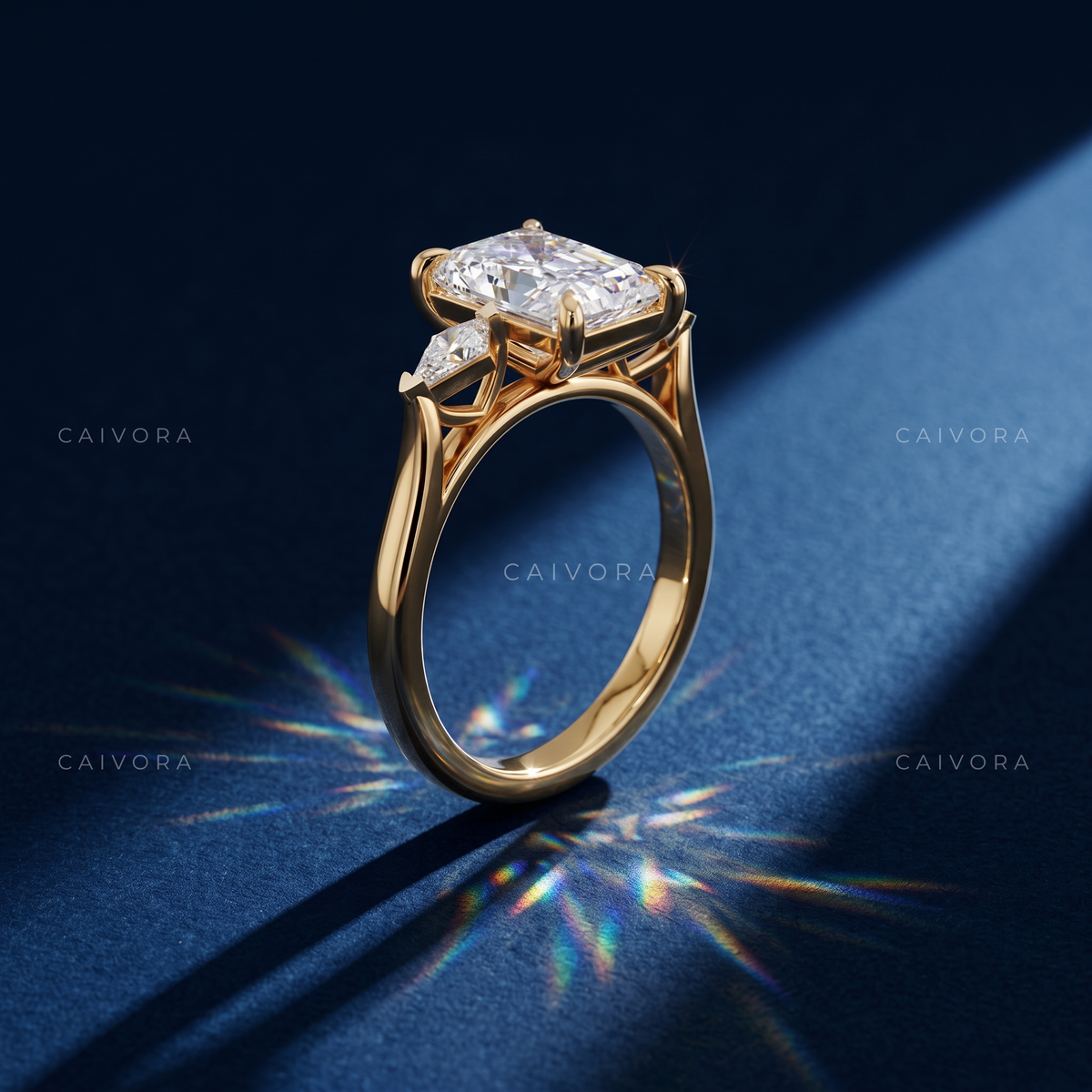 Modern Three Stone Engagement Ring with Radiant Diamond & Kite Accents
