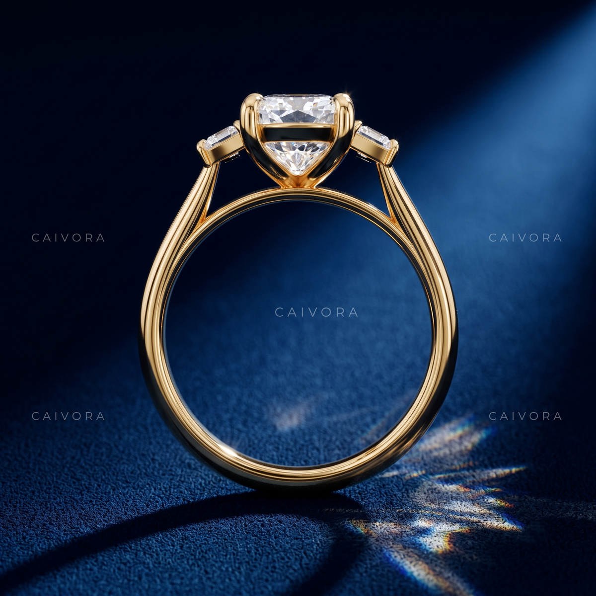 Elegant Three Stone Engagement Ring with Elongated Cushion Diamond & Trapezoid Accents