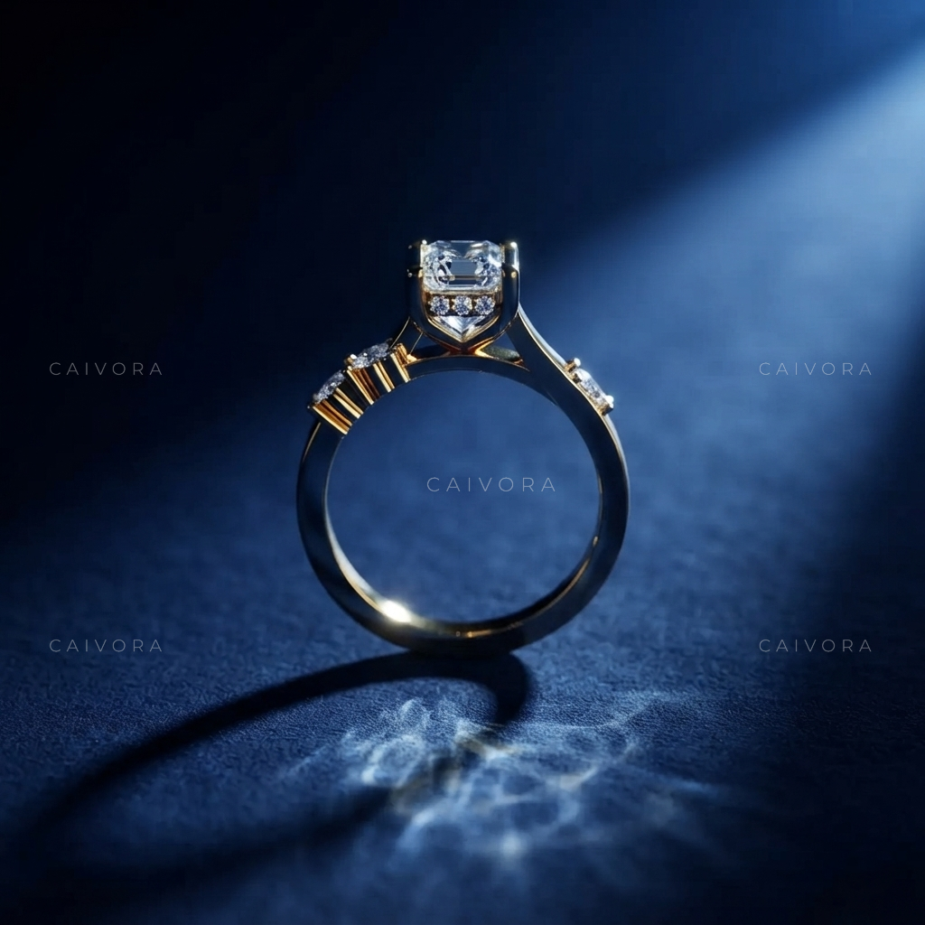 Emerald Cut Diamond Twist Ring with Hidden Halo