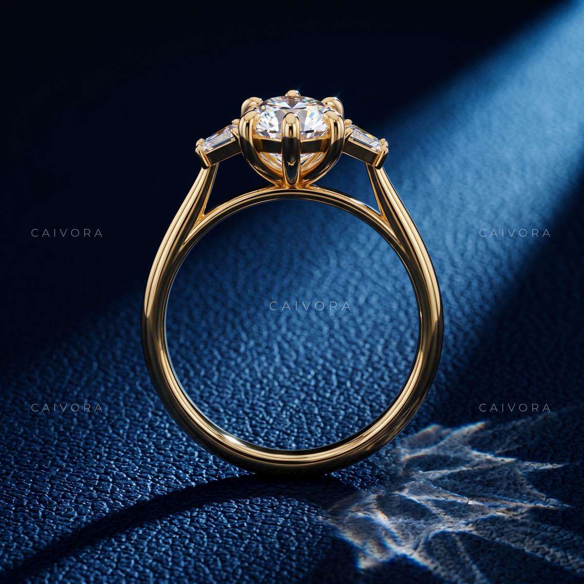Elegant Three Stone Engagement Ring with Pear Diamond & Trapezoid Accents