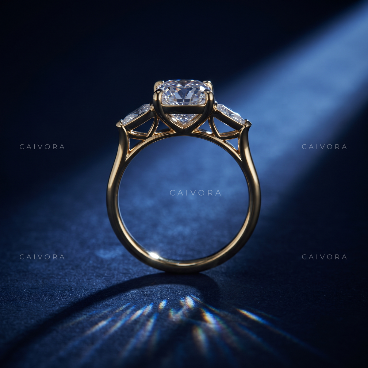 Refined Three Stone Engagement Ring with Cushion Diamond & Kite Accents