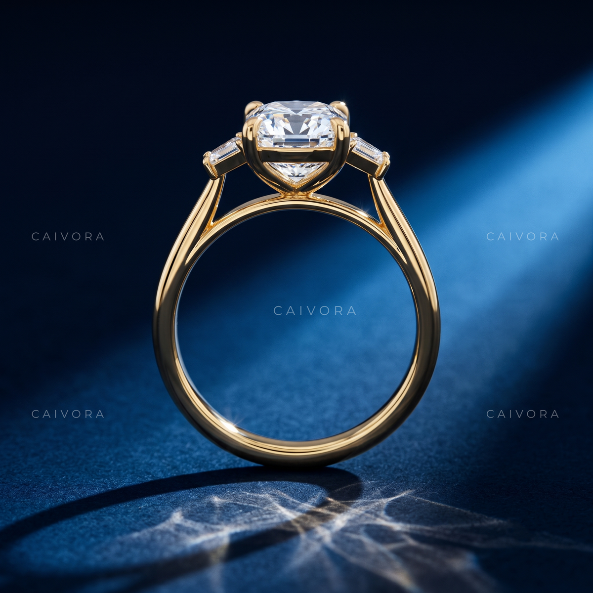 Timeless Three Stone Engagement Ring with Cushion Diamond & Trapezoid Accents
